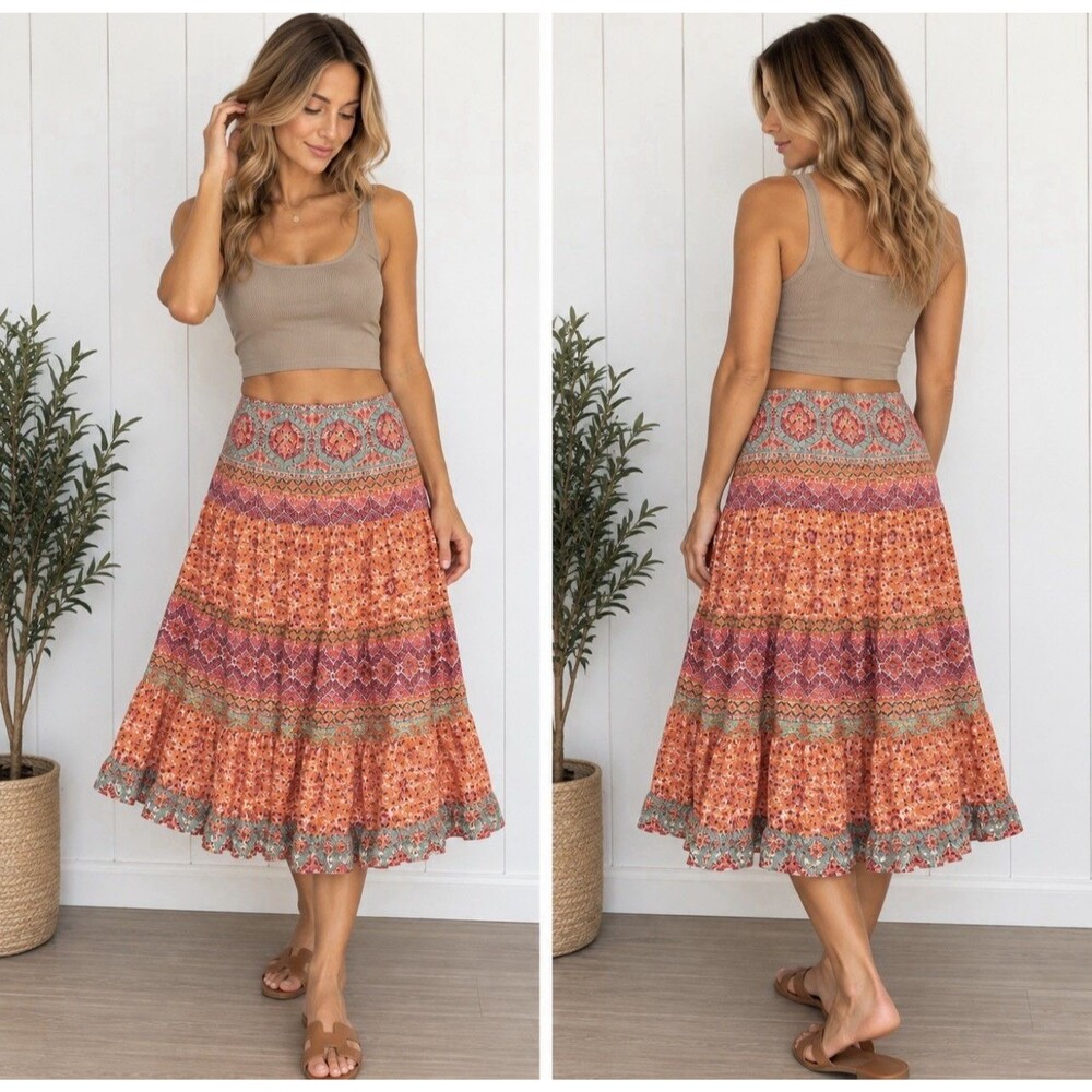 Lauren Ralph Lauren Skirt Medium Cotton Boho Paisley Tiered Ruffle Midi Peasant